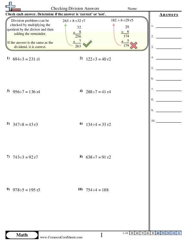 Checking Division Answers worksheet